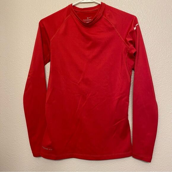 Nike Therma fleece lined Red Long Sleeve mock neck Shirt Running thumb holes M - Picture 1 of 11